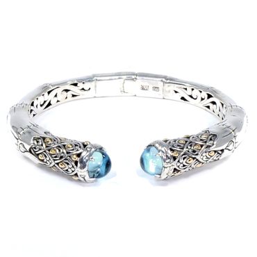 Flowering Bamboo Hinged Cuff Bracelet, 925 Sterling Silver & 18k Gold, Blue Topaz