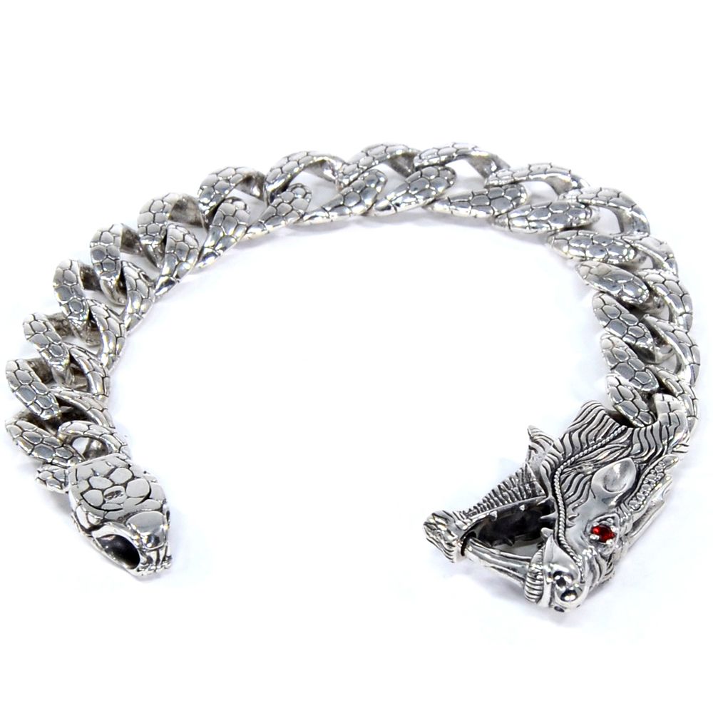 Women's Bali Dragon Link Bracelet, 925 Sterling Silver & Garnet, 7.5 Inches