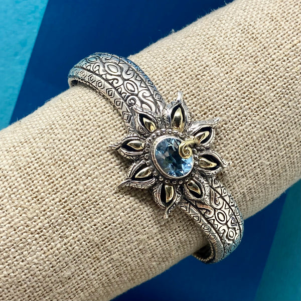 Bali Lotus Flower Cuff, 925 Sterling Silver & Blue Topaz