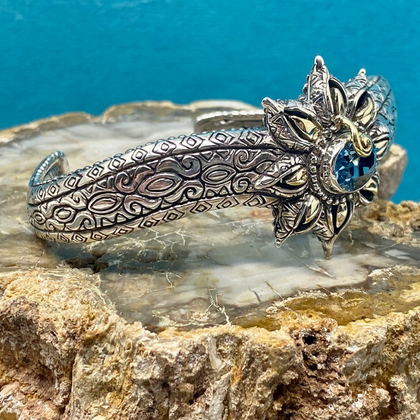 Bali Lotus Flower Cuff, 925 Sterling Silver & Blue Topaz