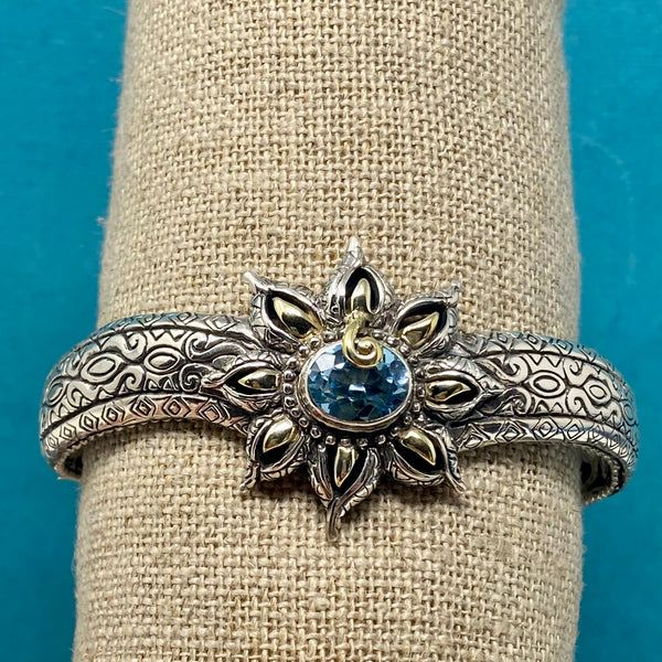 Bali Lotus Flower Cuff, 925 Sterling Silver & Blue Topaz