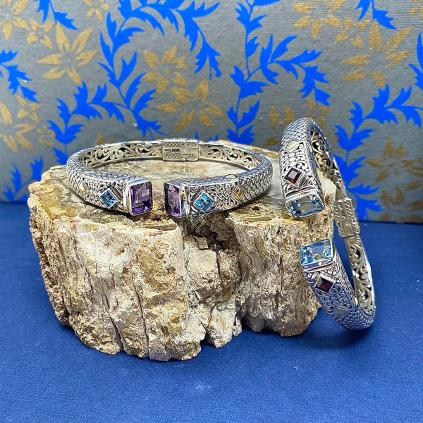 Amethyst & Blue Topaz Traditional Woven Bali Bracelet, 925 Sterling Silver & 18k Gold