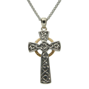 Circle Celtic Large Cross Necklace, Oxidized Sterling Silver & 10k Gold