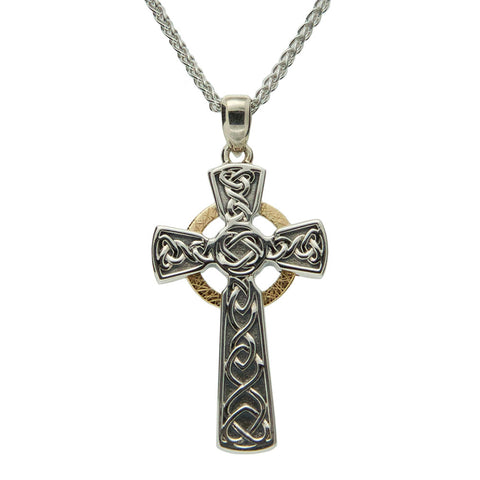 Circle Celtic Large Cross Necklace, Oxidized Sterling Silver & 10k Gold