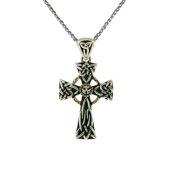 Keith Jack Jewelry-Celtic Cross Necklace with White Sapphire, Oxidized Silver & 10k Gold
