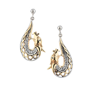 Dragon Dangle Earrings, Sterling Silver, 10k Gold, White Topaz