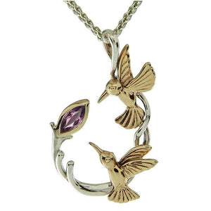 Keith Jack Jewelry-Double Hummingbird Necklace with Marquis Rhodolite Garnet, Sterling Silver & 10k Gold