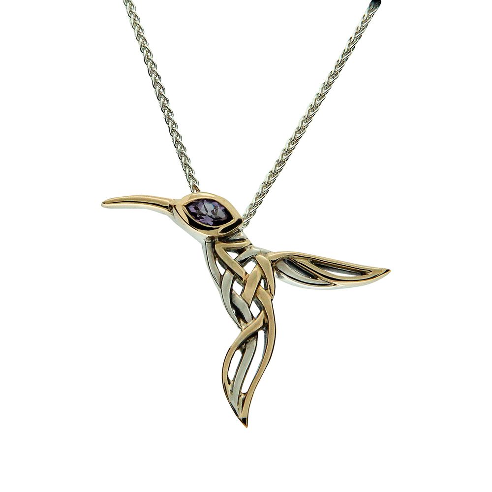 Hummingbird Necklace, Sterling Silver with 10k Gold, Gemstones