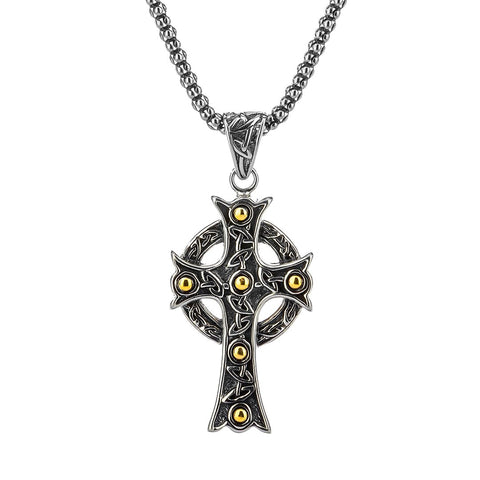Celtic Cross Necklace, Oxidized Sterling Silver & 18k Gold