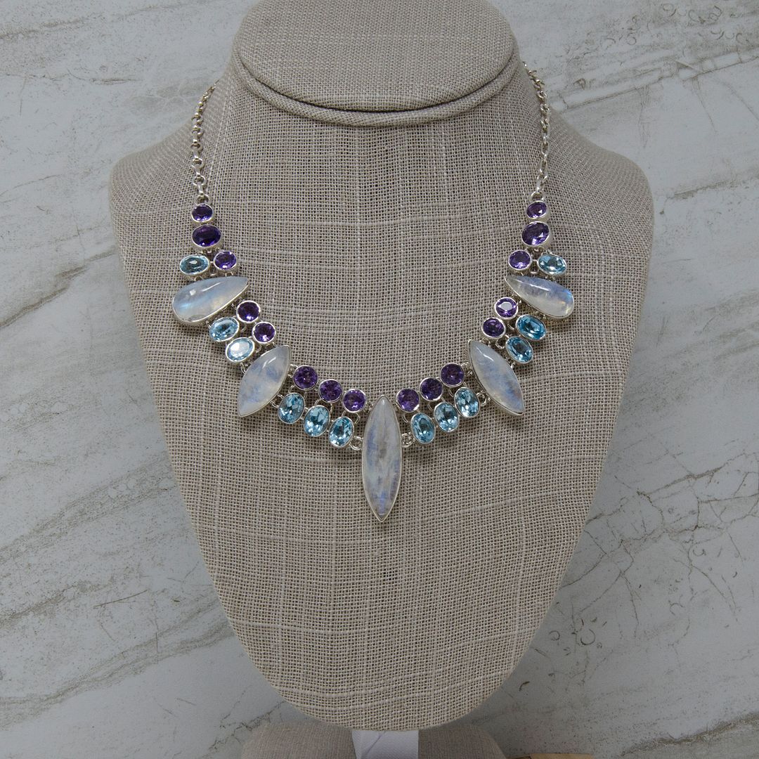 Rainbow Moonstone Statement Necklace, Blue Topaz and Amethyst Accents