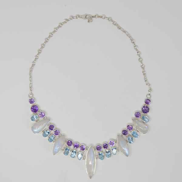 Rainbow Moonstone Statement Necklace, Blue Topaz and Amethyst Accents