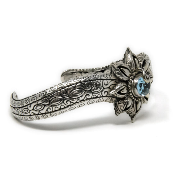 Bali Lotus Flower Cuff, 925 Sterling Silver & Blue Topaz