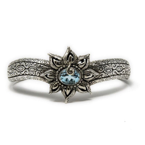 Bali Lotus Flower Cuff, 925 Sterling Silver & Blue Topaz