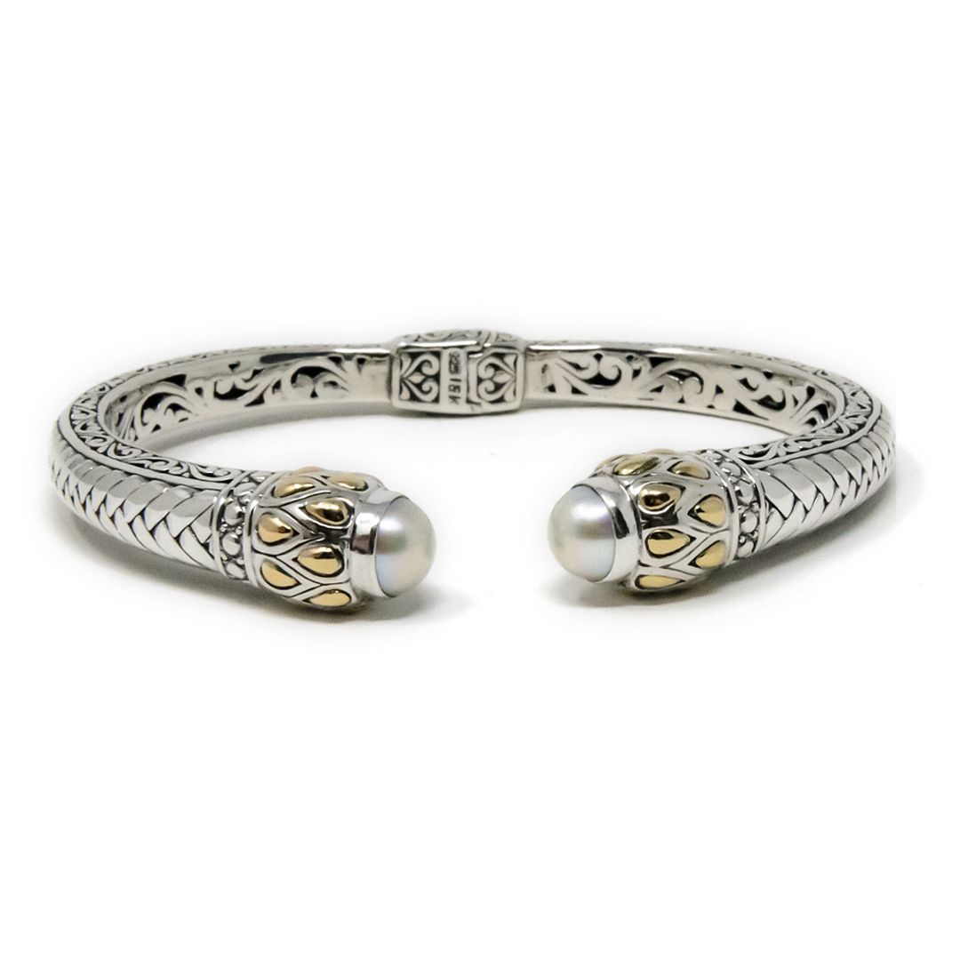 Pearl or Garnet Gold Droplet Basket Weave Bracelet, 925 Sterling Silver & 18k Gold