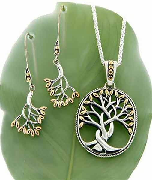 Tree of Life Hook Earrings, Sterling Silver & 18k Gold
