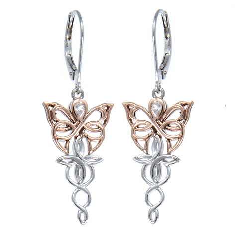 Butterfly Leverback CZ Earrings, Sterling Silver & 10k Rose Gold
